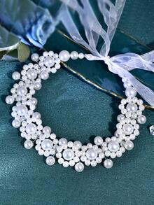 1PC Elegant Pearl Flower Bridal Hairband Handmade Beaded Women's Wedding Headband Suitable For Holiday Party Celebration Event Hair Accessories - Silver - View 3
