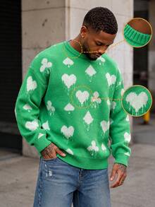 BLACKTOEXIT Men's Crew Neck Poker Card Element Jacquard Sweater, Heart Spade Club Ink Splatter Design Loose Drop Shoulder Autumn/Winter Pullover Knit Sweater - Green - View 2