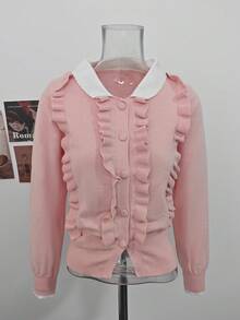 Pink Peter Pan Collar Wool Blend Knit Cardigan, Women's Autumn/Winter Niche Design Short Sweater Jacket - Pink - View 6