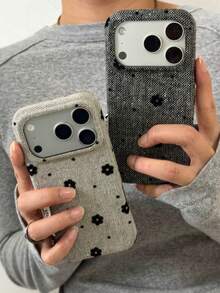 秋冬淺灰色亞麻布料花卉手機殼，適用於 iPhone 18 Pro Max、Apple 17、17 Pro、15 Pro、16 Pro Max、16 Pro，硬殼防摔保護套，適合女性 - 灰色 - 查看 2