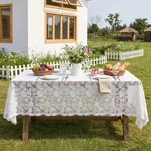 FLYINGCURTAINS White Floral Lace Rectangular Tablecloth, Semi Sheer Hollow Table Cover With Scalloped Edge, Vintage Table Cloth For Christmas Wedding Party Dining Table Decor - White - View 9
