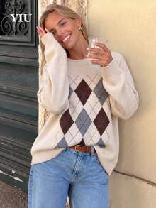 YIU LUMOS Women's Multicolor Argyle Sweater, Cream Diamond Pattern Round Neck Long Sleeve, Preppy French Chic Pullover For Fall Winter Daily - Multicolor - View 4