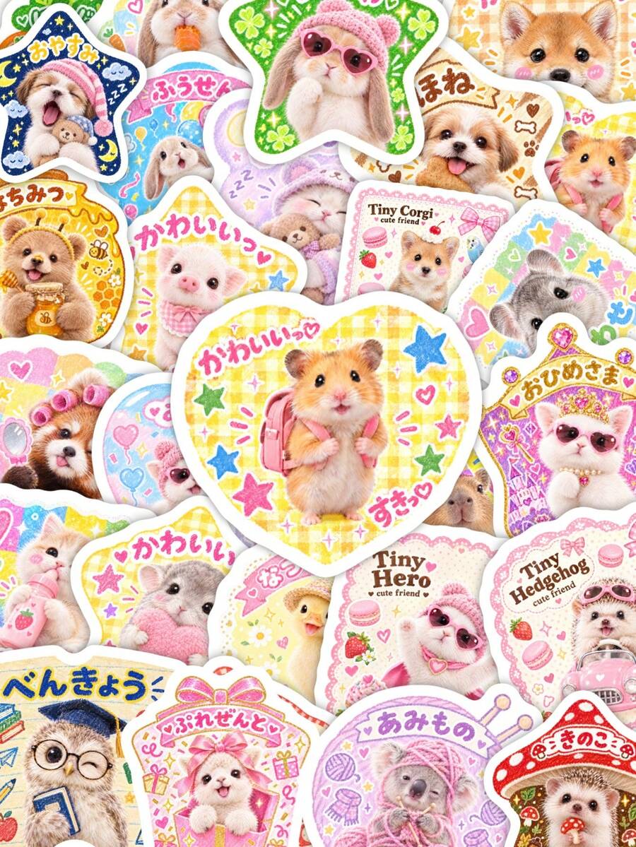 50pcs Japanese Style Animal Expression Stickers, Sweet Cute Pet Stickers, Cute Asymmetrical Fluffy Animal Stickers, Waterproof, Suitable For Planner, Laptop, DIY Handmade Gifts - Multicolor - View 1