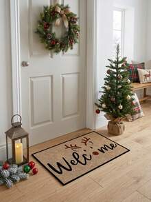 1pc Christmas Deer Welcome Door Mat, Fun Style All Season Faux Cashmere Material Entryway Rug, Machine Washable Door Mat, Suitable For Kitchen, Dining Room, Hallway, Bathroom, Bedroom, Patio Decor, Christmas Holiday Atmosphere Decoration - A - View 4