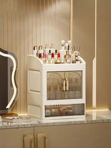 Large Capacity Skincare Storage Cabinet With Drawers And Dust-Proof Design, Countertop Cosmetic Organizer For Lipstick, Perfume, Lotion, Bathroom Vanity Storage Solution, Space-Saving Luxury Transparent Striped Door Makeup Storage Box - Multicolor - View 4