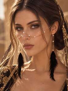 1pc Vintage Bohemian Pearl Face Chain With Black Feather Tassel, Facial Chain Accessory For Evening Party Cosplay Exotic Style - Rhinestones - View 3