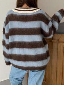 Korean Style Collegiate Striped Lapel Loose Knit Sweater - Blue - View 2