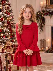 Christmas Girls Dress Mid-Big Tween Girl 8-12 Years Old Festive Red Princess Dress Square Neck 3D Bow Flare Long Sleeve Ruffle Hem A-Line Skirt For Outing, Party, Performance - Red - View 2