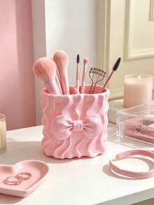 3D Printed Wavy Bow Makeup Brush Holder, 3D Wavy Texture With Full Bow Design, Dual Compartment Design, Can Separately Store Makeup Brushes And Lip Gloss, Sweet Pink Decor For Vanity - Multicolor - View 7