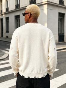 BLACKTOEXIT High Street Style Men's Distressed Knit Sweater, Vintage Gothic Letter & Wing Graphic, Loose Fit Drop Shoulder Autumn/Winter Pullover - Apricot - View 4