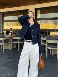 女款純色紋理羊毛混紡前扣口袋經典優雅時尚秋冬浪漫百搭通勤日常大衣 - 藏蓝色 - 查看 3