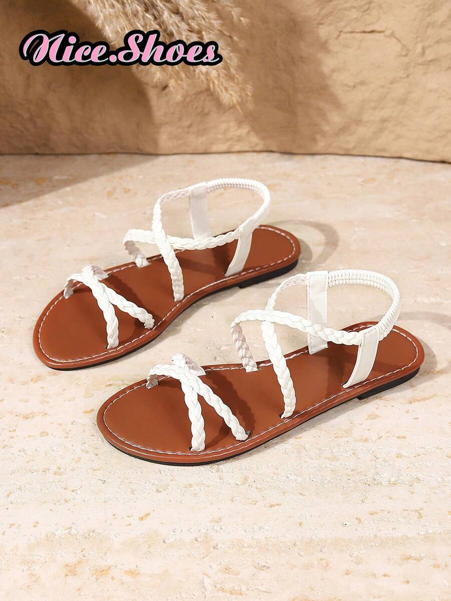 Women's Flat Sandals, Summer Roman Style Open Toe Woven Strap Backless Shoes, Comfortable Summer Footwear For Daily Wear, Fashionable Open Toe Design, Breathable, Versatile Casual Sandals, Suitable For Any Outfit In Black, White, Brown Colors