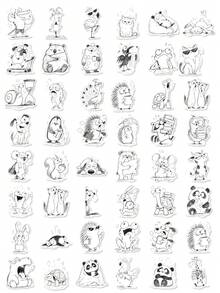50Pcs Black Sketch Funny Animal Sticker Pack, Hand‑Drawn Line‑Doodle Whimsical Moody Grumpy Cat Owl Panda Waterproof Vinyl Decals For Laptop Water Bottle Journal Scrapbook DIY Decor - Multicolor - View 6