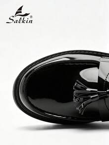 Salkin 新款英式設計男士粗齒厚底樂福鞋，流蘇厚底一腳蹬樂福鞋，平價奢華舒適圓頭優雅紳士正裝鞋，紳士商務漆皮亮面鞋，純色鞋面防滑耐磨增高厚底，日常休閒鞋，男士情侶約會出遊百搭派對宴會婚禮時尚新郎鞋，男士社交鞋，節日禮物，四季皆宜 - 黑色 - 查看 4