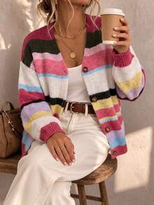 Just Masa Women's Autumn/Winter Casual Multi-Color Striped Patchwork Knit Cardigan, Long Sleeve V-Neck Loose Ribbed Knit Jacket, Suitable For Daily Wear, Outings, Christmas - Colorful Stripes - View 7