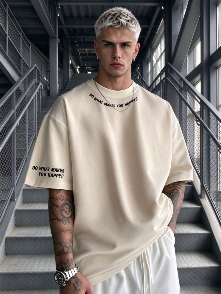 Men's Minimalist Printed Crew Neck Casual Loose Short Sleeve T-Shirt, Suitable For Summer Wear, Comfortable & Breathable, Leading Fashion