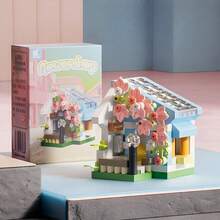 1pc Mini Street View Flower Shop Building Blocks Set, Pastel Macaron Color DIY Assembly Model With Floral Details, Desktop Ornament Collectible Display Piece, Home Decor Creative Gift For Building Enthusiasts Teens And Adults - Multicolor - View 12