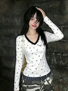 Women's Collegiate Style Star Print Long Sleeve V-Neck T-Shirt, Regular Fit Pure Cotton High Elasticity Top - White - View 2