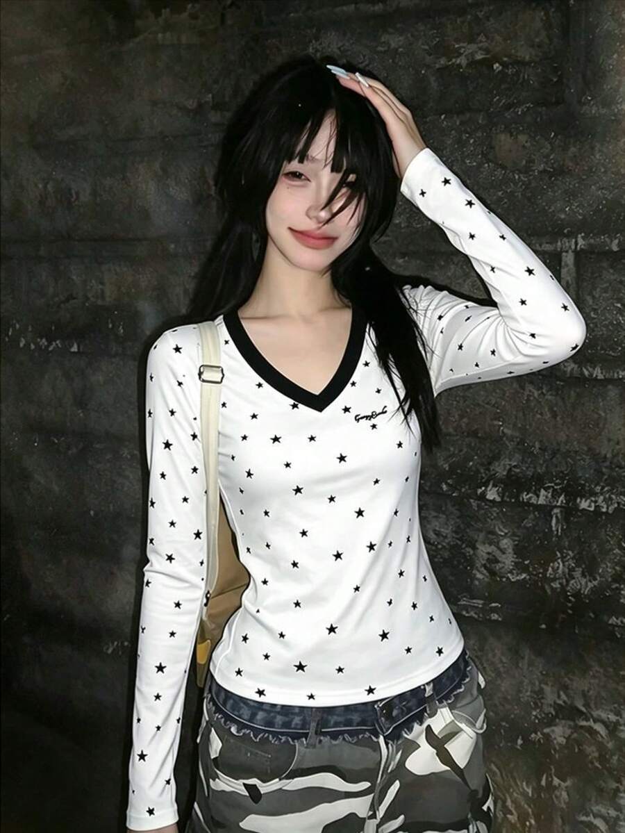 Women's Collegiate Style Star Print Long Sleeve V-Neck T-Shirt, Regular Fit Pure Cotton High Elasticity Top - White - View 1