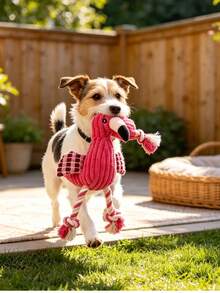 Flamingo Dog Plush Rope Toy, Durable Teething Chew Toy For Small Medium Dogs, Interactive Squeaky Stuffed Pet Toy, Tug‑Of‑War Cotton Rope Legs, Bite‑Resistant Puppy Enrichment Play Toy For Stress Relief & Teeth Cleaning - Rose Red - View 3