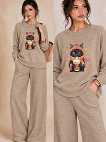 Autumn Black Cat Coffee Print Women Faux‑Knit 2 Pieces Set,Fall Crew Neck Top & Wide‑Leg Pants Loungewear - Camel - View 2