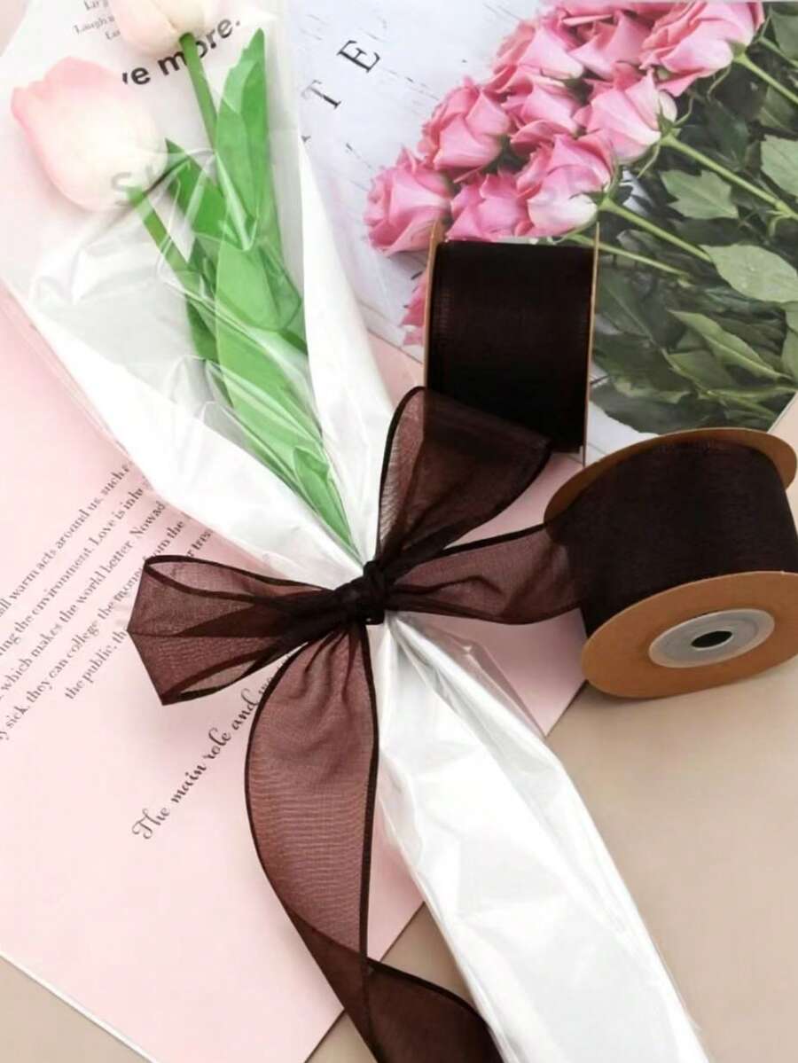 10 Yards 1 Roll Autumn Color Series Thick Edge Gauze Ribbon For Flower Bouquet, Floral Art, Gift Wrapping, Cake Packaging, Holiday Party Decoration - Coffee Brown - View 1