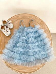 Summer Baby Girl Dress, New Sweet Mesh Spaghetti Strap Dress, Super Cute Cake Skirt - Blue - View 8