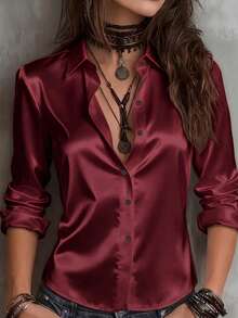 Women's Solid Color Satin Shirt, Lapel Collar Long Sleeve Front Button-Up Blouse, Suitable For Business, Office, Commute, Home, Vacation, Spring, Autumn, Winter - Red - View 6