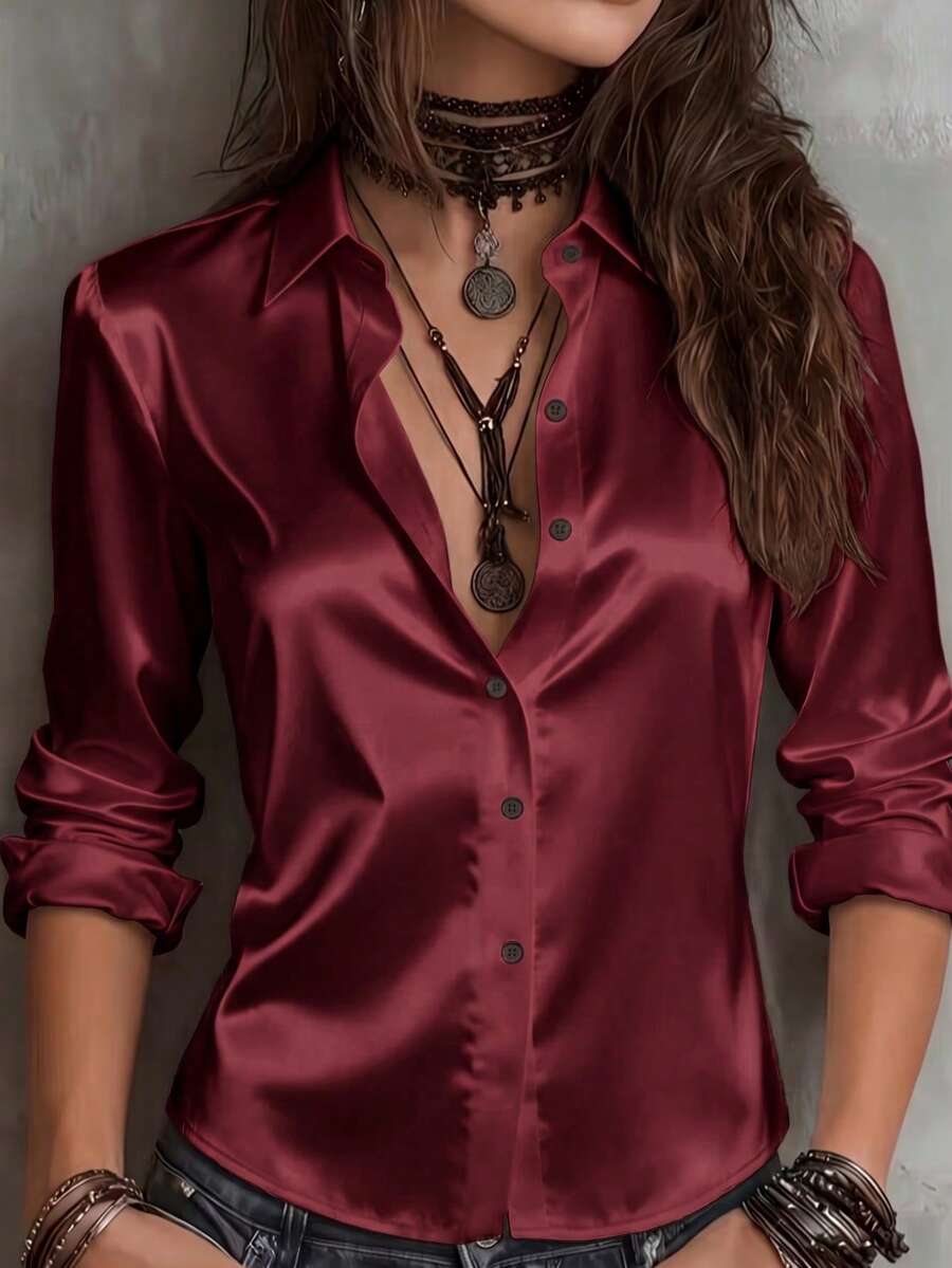 Women's Solid Color Satin Shirt, Lapel Collar Long Sleeve Front Button-Up Blouse, Suitable For Business, Office, Commute, Home, Vacation, Spring, Autumn, Winter - Red - View 1