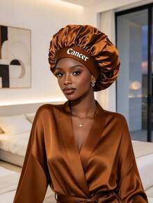 1pc Women's Zodiac Satin Hair Bonnet, 12 Zodiac Letter Sleep Cap, Loose Elastic Band Silky Hair Protection Night Cap, Elegant Headwear - Khaki - View 3