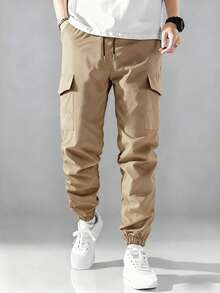 Men's Solid Color Lightweight Minimalist Multi-Pocket Cargo Pants, Fashionable Tapered Leg, Campus Style Outdoor Hiking Casual Pants - Khaki - View 1