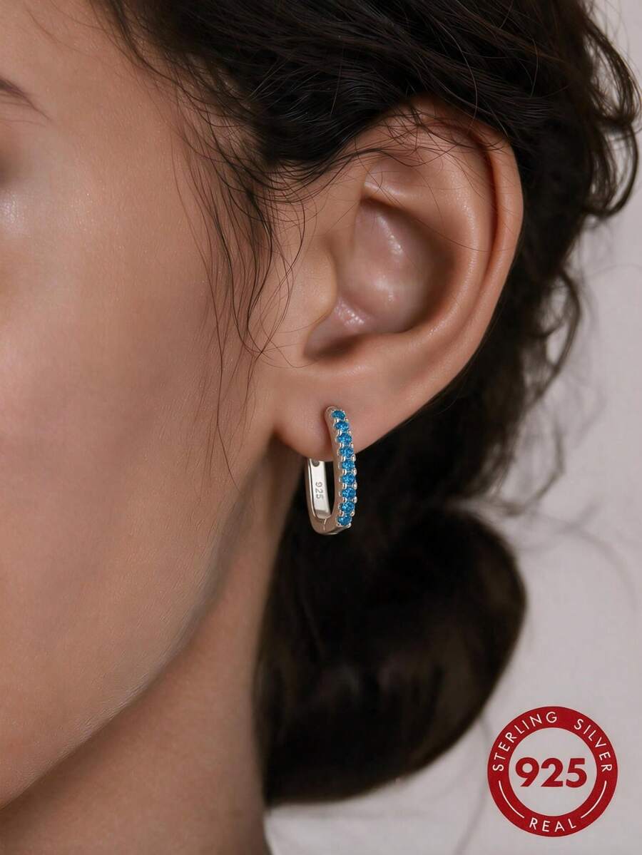 S925 純銀長方形耳環,4色鑲鑽 CZ U型 Huggie 耳環,低過敏極簡主義女性珠寶 - 藍色 - 查看 1