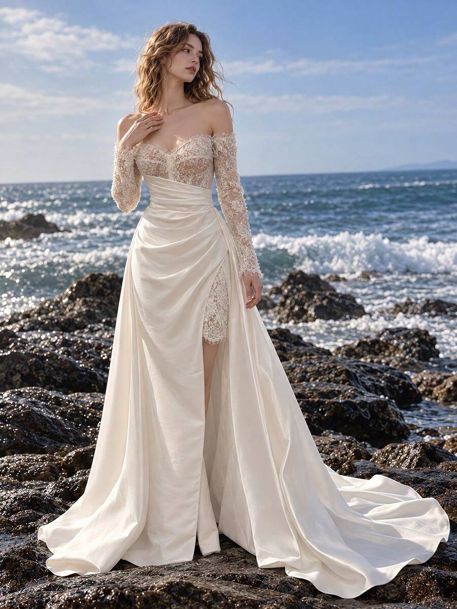 Elegant Off - Shoulder Train Gown Elegant Off Shoulder Tail Dress | Bridal Look/High End Banquet Adaptation - أبيض - مشاهدة 1