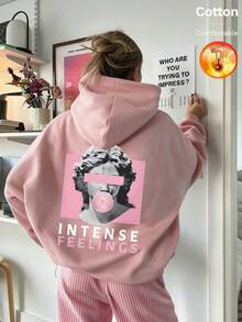 Women's Fleece Hooded Sweatshirt, Back Printed With Portrait And Text INTENSE FEELINGS Y2K, Autumn/Winter - Sand Red - View 11