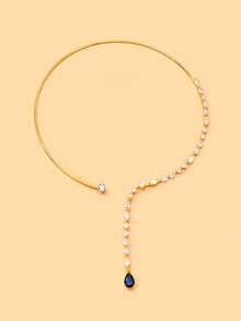 outingfit 1pc Elegant Rhinestone Open Collar Necklace, Blue Teardrop Pendant Women's Neck Accessory, Suitable For Wedding, Party And Evening Banquet - Water Drop - View 7