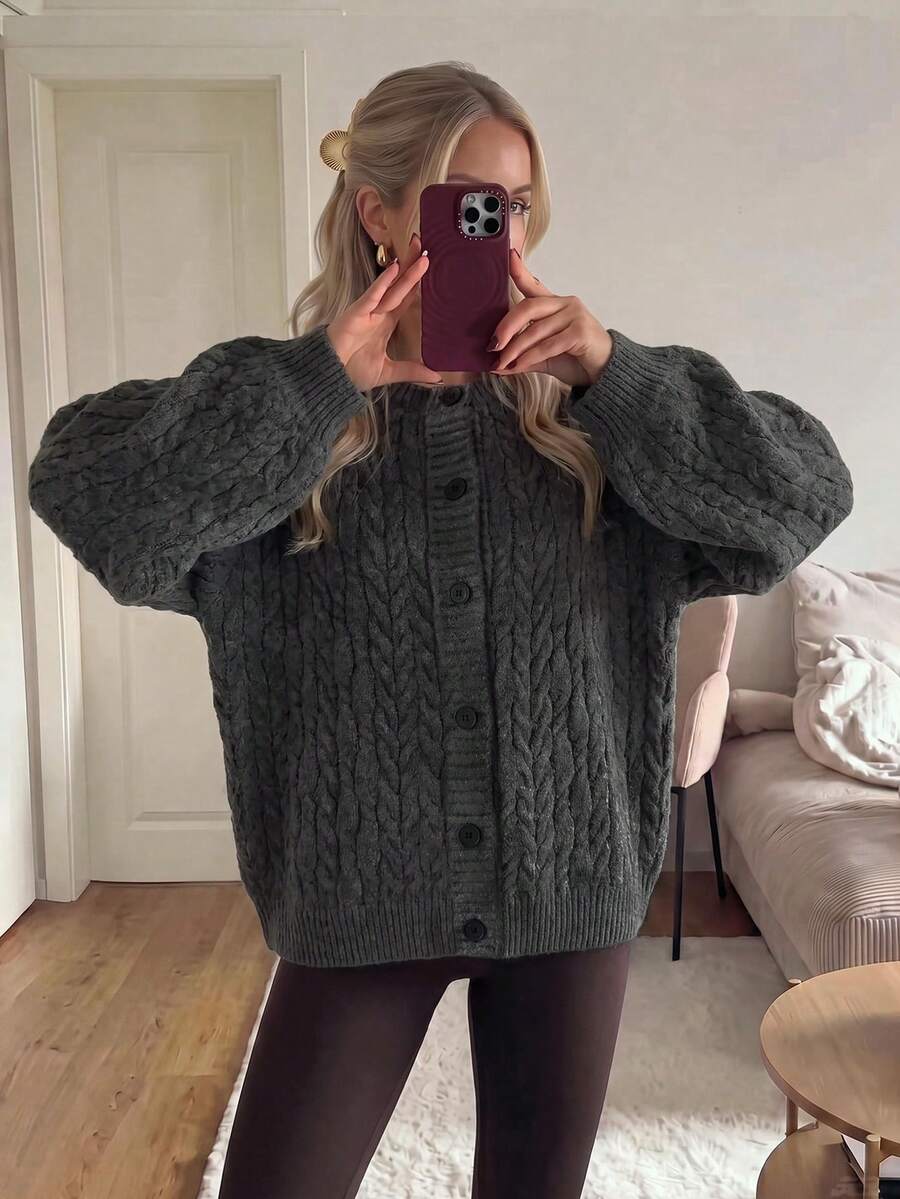 Women Fall Winter Going Out Tops Black Sweater Y2k Long-Sleeve Button-Up Cardigan With A Cable Knit Design, Commuting.