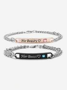 2pcs/Set Her Beast His Beauty Fashion Rhinestone Couple Bracelets Valentine's Day Gift - Silver - View 1
