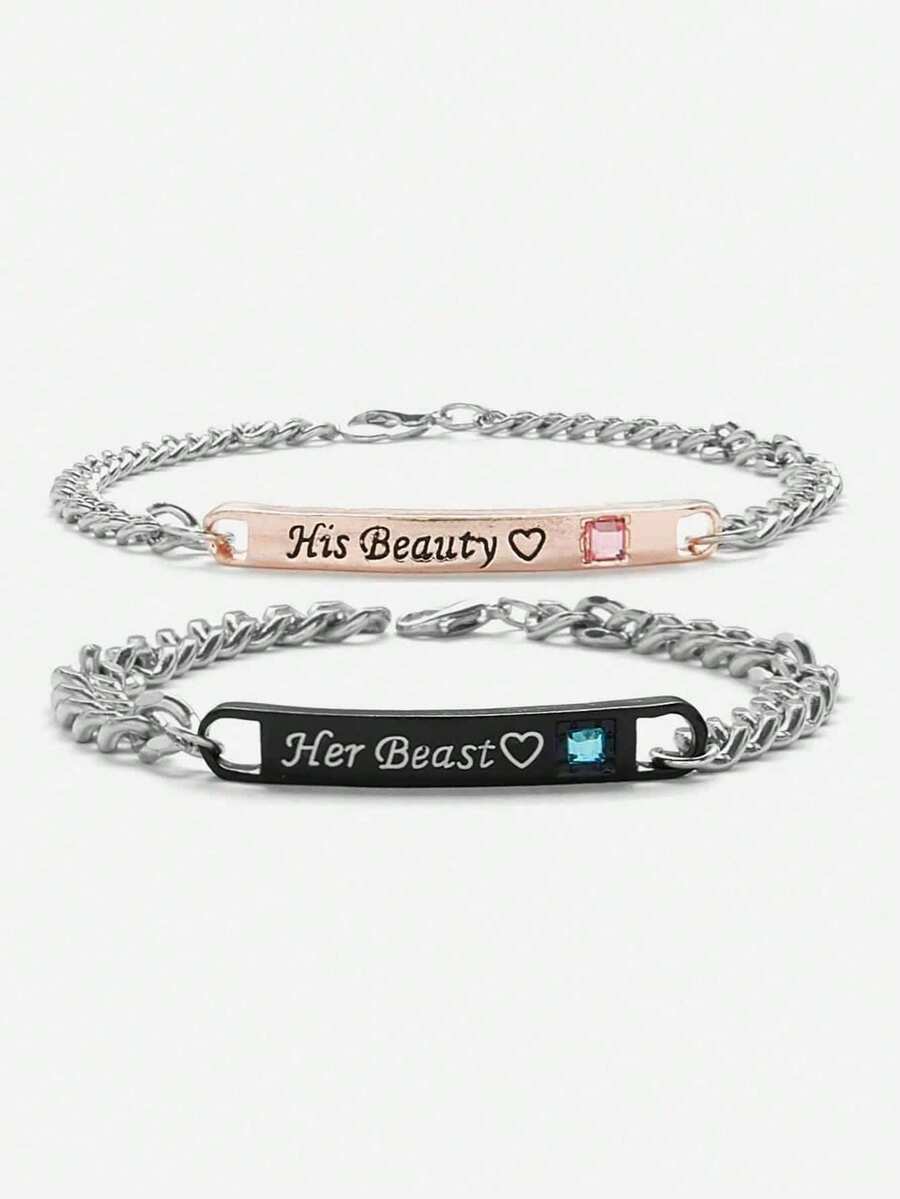 2pcs/Set Her Beast His Beauty Fashion Rhinestone Couple Bracelets Valentine's Day Gift - Silver - View 1