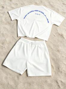 Camvyn Men's Summer Casual Fashion Letter Print Crew Neck Short Sleeve T-Shirt And Casual Shorts Set - White - View 2