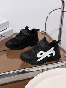 Toddler Fashion Contrast Color Mesh Kids Shoes, Breathable Hook & Loop, Lightweight, Durable, Unisex Baby Sports Running Shoes - Black - View 2