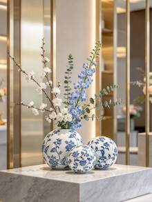 Blue And White Porcelain Ceramic Vase, Round Ball Shaped Decorative Flower Vase For Home Tabletop Decor - 1PC - View 7