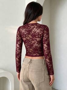 Sexy Long Sleeve Lace Patchwork Top For Date And Vacation - Burgundy - View 3