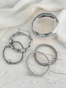 5pcs Vintage Heart Pendant Beaded Thick Chain Wide Bracelet Set For Women, Suitable For All Seasons, Women's Gift - Silver - View 3