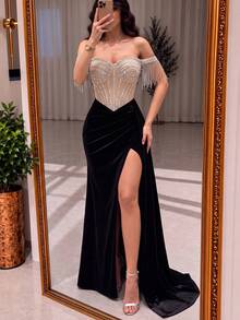 ADYCE Gaun Pesta Elegan Tanpa Bahu, Pinggang Tinggi, Tanpa Punggung, Bodycon, Belahan Tinggi, Hiasan Berlian Imitasi, Ekor Berbentuk Tulang Ikan, Gaun Prom, Gaun Acara Homecoming, Pernikahan, Tamu, Makan Malam Formal - Hitam - View 3