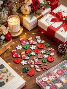 Random 200/100/50pcs Christmas Craft Button Set - Assorted Wooden Holiday Shapes, For Projects, Scrapbooking And Decor - Universal For Ages 14+, Non-Electric, Sewing Supplies, Fasteners, Buttons, Wedding Keepsake, Favors, Easter, Bridal Accessory - Multicolor - View 1