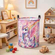 1PC Collapsible Fabric Storage Basket With Magical Winged Unicorn Rainbow Castle Butterfly Floral Print, Multifunctional Organizer For Clothes, Sundries And Toys, Home Decor, Room Decor, Bedroom Decor - Pink - View 3