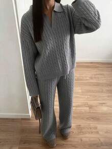 FOR BEAUTY Fall Winter Women Lounge Sets Y2K Cozy Grey Cable Knit Two Pieces Set Lapel Collar Sweaters Loose Wide Leg Pants Vacation Outfits - Light Grey - View 1