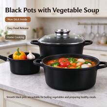 مجموعة قدور طبخ من الألومنيوم المصبوب باللون الأسود الصلب مع أغطية زجاجية شفافة، 6 قطع، متوافقة مع مواقد متعددة، أدوات طبخ منزلية للطهي اليومي في المنزل والشقة والمطبخ المستأجر وتجمعات عطلة نهاية الأسبوع وحفلات الترحيب بالمنزل وإعداد وجبات الحفلات الصغيرة - مشاهدة 1
