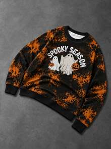 Zrgoth Halloween Tie-Dye Crew Neck Sweatshirt Ghost Pumpkin Spooky Season Print Loose Fit Men's Pullover - Black - View 4
