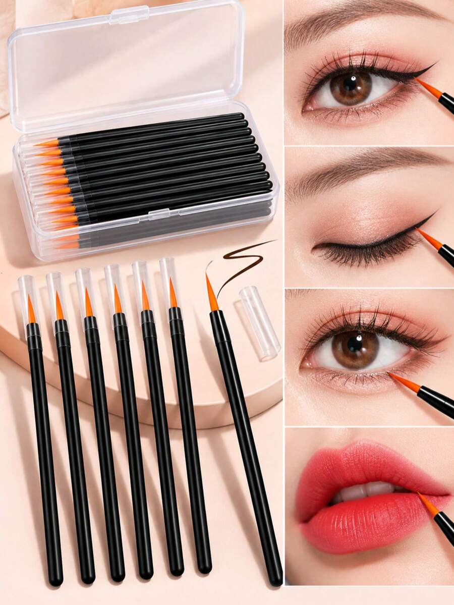 100pcs/50pcs/20pcs/10pcs Pointed Eyeliner Brushes Makeup Tools With Transparent Protective Caps, Suitable For Eyeliner Drawing, Under Eye Shadow, Eyebrow Details And Lip Line Modification, Eyeliner Makeup Tools, Eyebrow Brushes, Eyeshadow Brushes, Precision Makeup Brush Set - Multicolor - View 1
